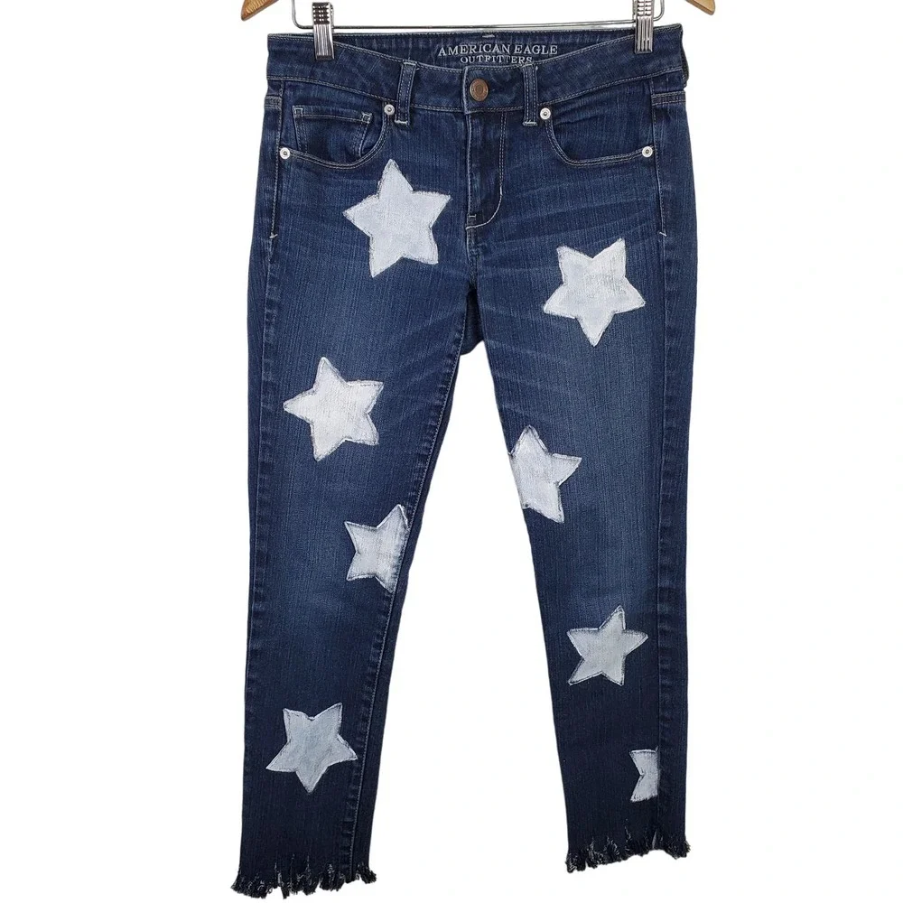American Eagle | Star Graphic Jeans Skinny Stretch Frayed Hem Women's Size 6 - Picture 1 of 16